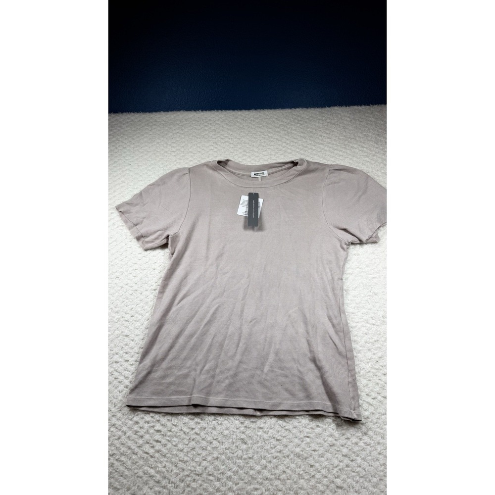 LA Made Women Basic Crew-Neck Beige Cotton Short Sleeve T-Shirt Size M Raw Hem